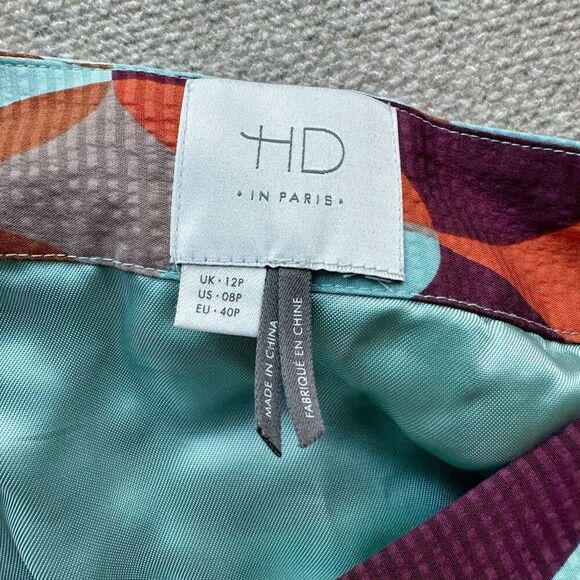 HD in Paris Anthropologie Geometric Print Pleated Silk Teal Skirt Size 12P Pocke - Picture 5 of 8